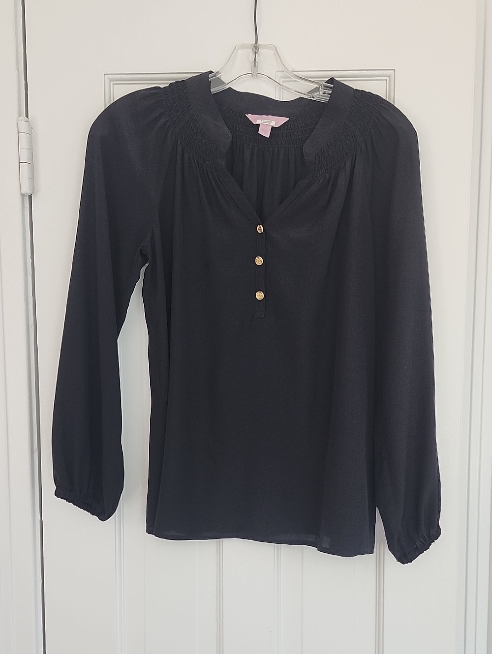 Lilly Pultizer Black Long-Sleeve Smocked Yoke Blouse